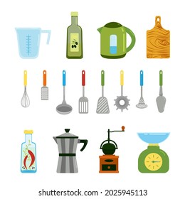 Kitchen items set, kettle, mixer, geyser coffee maker, steamer, captive and various spatulas for cooking, spices in jars and olive oil, vector clipart in flat style, isolated objects.