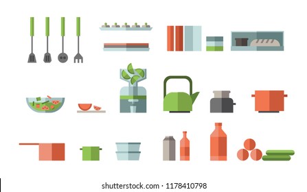 Kitchen items and tools flat icon collection. Utensil set. Colorful flat illustration. Isolated on white background.