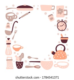 Kitchen items vector frame greeting card with place for your text for food blog. Hand drawn design cooking scandinavian element. For restaurant, cafe menu or banner, poster.