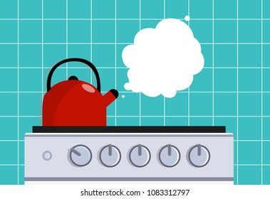 Kitchen kettle on the gas stove. Vector flat illustration.