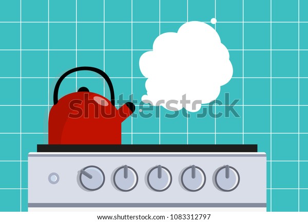 Kitchen kettle on the gas stove. Vector flat illustration.