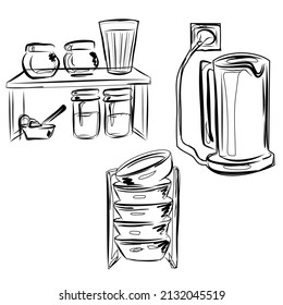 Kitchen, kettle, shelf with dishes and spices, plates. Cans of coffee and sugar. Still life with household items. Organization of storage. Isolated vector objects.