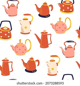 La cocina se adapta a un patrón impecable. Tetera de vidrio, eléctrica y cerámica. Utensil, fondo de cocina escandinava. Cocina. Dibujar mano Ilustración Vector.