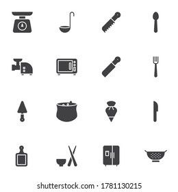 Kitchen, kitchenware vector icons set, modern solid symbol collection, filled style pictogram pack. Signs, logo illustration. Set includes icons as kitchen scales, spoon, fork, knife, microwave, ladle