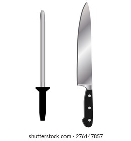 Kitchen knife with black handle and sharpener vector set. Kitchen utensils. 
