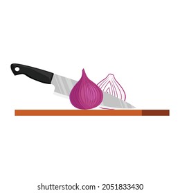 A kitchen knife with a black plastic handle cuts a red onion in half. Cooking. Vector illustration isolated on a white background for design and web.