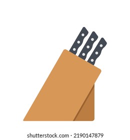 Kitchen knife block clipart vector illustration. Knives in wooden block flat vector design. Simple knife block sign web icon. Black handle, wooden holder knives block logo clipart. Kitchen utensils