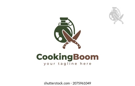 Diseño del logo de la bomba con cuchillo de cocina. Vector
