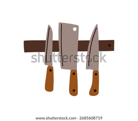 Kitchen knife, chopper, cleaver hanging on magnetic strip, holder. Cooking utensils, sharp tools with metal blades, knives on wall. Steel cutlery. Flat vector illustration isolated on white background