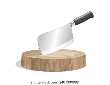 A kitchen knife (cleaver) stuck on a wooden cutting board, vector illustration isolated on white background, eps