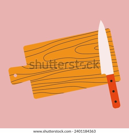 Kitchen knife and cutting board. Cooking, food, kitchen vector design elements. Kitchen utensils, kitchenware for cooking and baking. Flat vector illustration. Trendy abstract style.