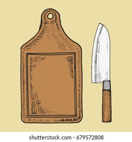 Kitchen knife and cutting board sketch. Hand drawing isolated