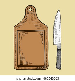 Kitchen knife and cutting board sketch. Hand drawing