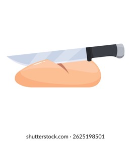 Kitchen knife cutting a loaf of fresh bread, bakery product, preparing breakfast, lunch, or dinner