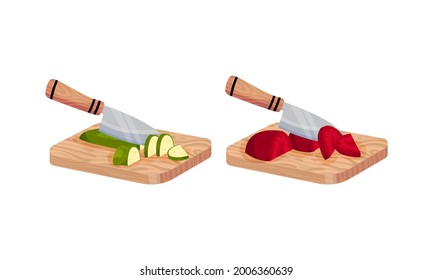 Kitchen Knife Cutting Raw Vegetables on Wooden Chopping Board Vector Set