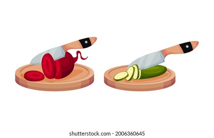 Kitchen Knife Cutting Raw Vegetables on Wooden Chopping Board Vector Set