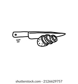 Kitchen knife cutting vegetables hand drawn doodle vector illustration isolated on white background. Cooking cutlery tool sharp knife or chopper instrument.
