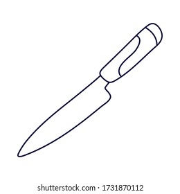 Kitchen knife in doodle style. Hand drawn vector illustration in black ink isolated on white background.