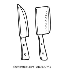 Cuchillo de cocina dibujado al estilo de Doodle.Imagen en blanco y negro.Monocromo.Dibujo de esquema.Imagen vectorial