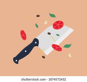 Kitchen knife with food flat vector illustration