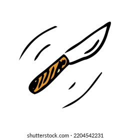 Kitchen knife hand drawn doodle icon black isolated on white, wooden handle knife