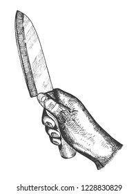kitchen knife in hand sketch drawing isolated.