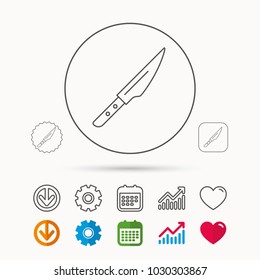 Kitchen knife icon. Chef tool sign. Calendar, Graph chart and Cogwheel signs. Download and Heart love linear web icons. Vector