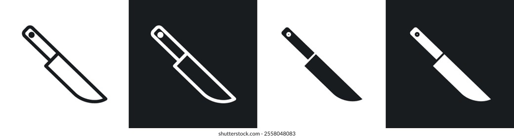 Kitchen knife icons pack in black and white filled and outlined versions.