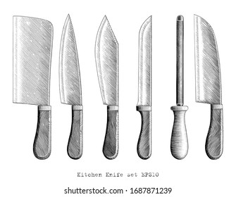 Kitchen Knife illustration hand draw vintage engraving style black and white clip art isolated on white background