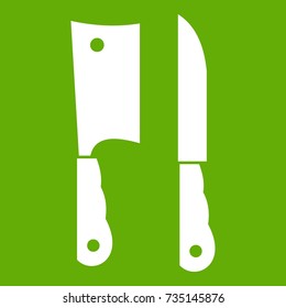 Kitchen knife and meat knife icon white isolated on green background. Vector illustration