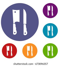 Kitchen knife and meat knife icons set in flat circle reb, blue and green color for web