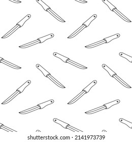 Küchenmesser nahtlose Muster doodle Umrissvektor. Textur für Hintergrund, Menü, Broschüre, Etikett, Druck, Verpackung, Handelsartikel, Buch, Poster, Stoff, Umhüllung, Schaufenster, Textilien, Tapeten.