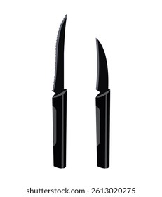 Kitchen knife set with black handles including serrated and curved blade for cutting and slicing
