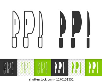 Kitchen Knife Set black linear silhouette icons. Thin line sign of cook tools. Restaurant outline pictogram isolated transparent background. Vector Icon shape. Kitchen Knife Set simple symbol closeup