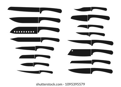 Kitchen knife set. Chef and butcher knives silhouette vector isolated icons. Illustration of steel cut tool, sharp utensil