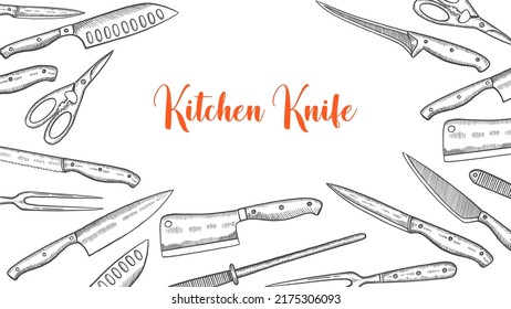 kitchen knife set collection with hand drawn sketch for background banner template poster