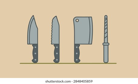 Kitchen knife set containing a chef knife, a bread knife, a meat cleaver, and a honing steel standing in a row.