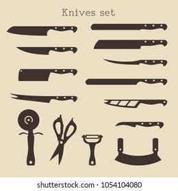 Kitchen knife set on beige background. Vector illustration.