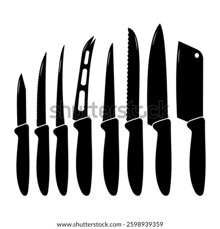 Kitchen Knife Set Silhouette Collection. Set of eight different kitchen knives in a black silhouette style. The knives are arranged in a row, showcasing a variety of blade shapes and sizes.