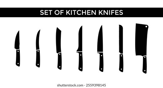 Kitchen Knife Set Silhouette with Various Knives Including Chef's Knife, Paring Knife, Bread Knife, and Cleaver for Kitchen Tools, Cooking Designs, Culinary Branding, Vector Graphics, and Food Illustr