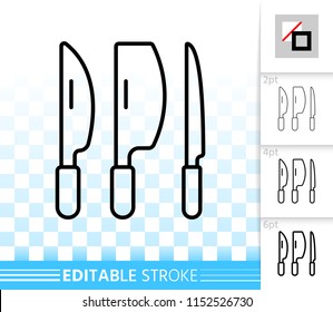 Kitchen knife set thin line icon. Outline sign of cook tools. Restaurant linear pictogram with different stroke width. Simple transparent vector symbol. Kitchen Knife editable stroke icon without fill