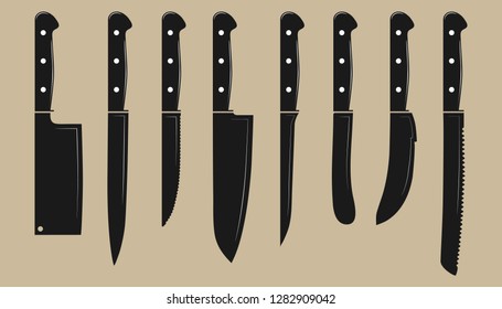 Kitchen Knife Set - Vector Illustration - Isolated On Beige Background