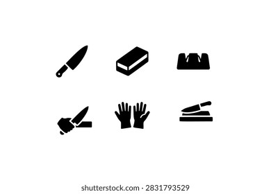 Kitchen knife sharpening icons set featuring chef knife, whetstone, sharpener tool, hand sharpening, protective gloves, and cutting board symbols.
