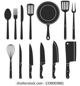 Kitchen knife silhouette, kitchenware, Meat cutting knives, Cutlery set, butcher themes. Grill fork and frying pan. Spatula and whisk. Vector