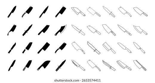 Kitchen knife silhouette vector icon set. Knife illustration vector in flat style. Kitchen knives set vector
