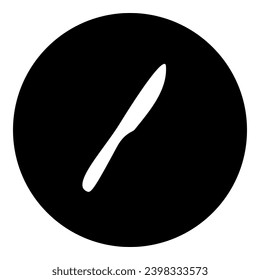 A kitchen knife symbol in the center. Isolated white symbol in black circle. Vector illustration on white background