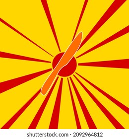Kitchen knife symbol on a background of red flash explosion radial lines. The large orange symbol is located in the center of the sun, symbolizing the sunrise. Vector illustration on yellow background