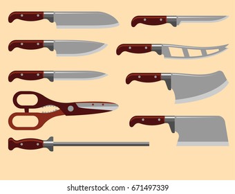 Vektorillustration mit dem Küchenmesser, scharfe Schere aus Stahl, militärisch gefährlicher Metallschwert