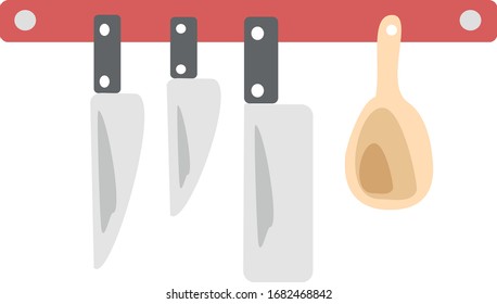Kitchen knife. Wooden spoon. Print for printing, textiles, restaurants, cafes.