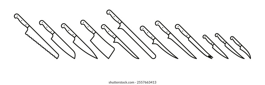 Kitchen knive icons. Different kind of Knifes for: peeling, cutting, bread, chef, fish, meat vegetable. Kitchen utensils, set, collection. Linear illustrations, editable strokes